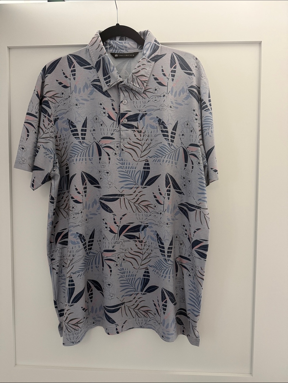 Travis Mathew Light Blue Leaf-Print Polo with Navy & Blush Accents